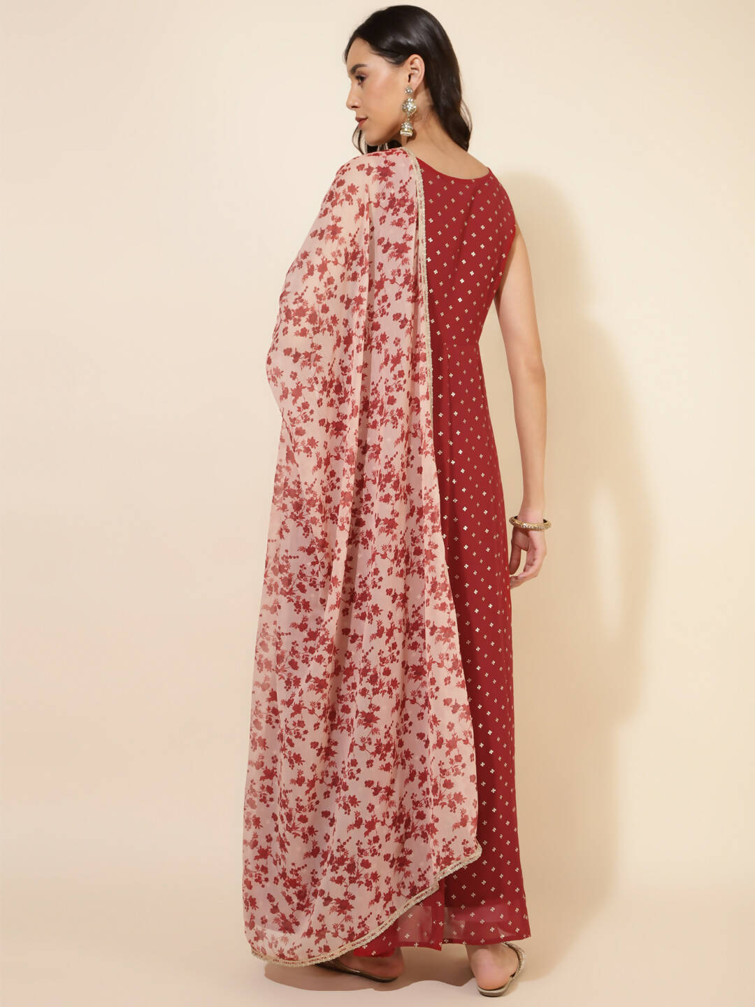 Janasya Women's Red Georgette Foil Printed Festive Anarkali Kurta Set | Swadesiicart