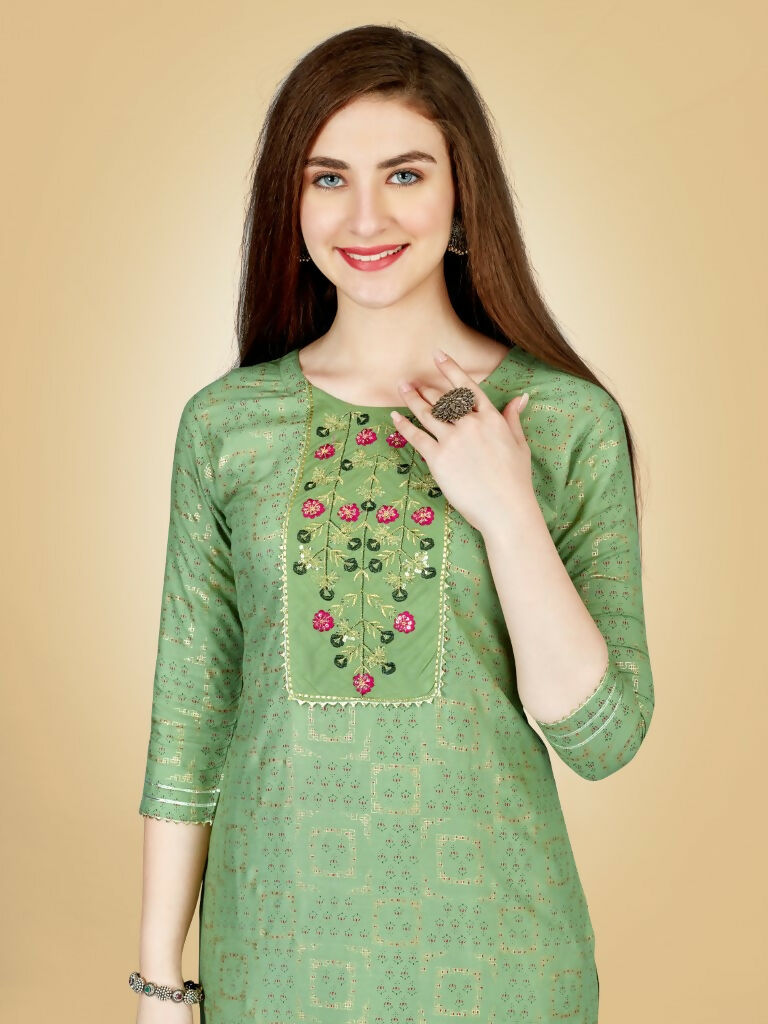 Jyoti Fashion Women's Sea Green Viscose Rayon Embroidered Kurta Pant Set | Swadesiicart