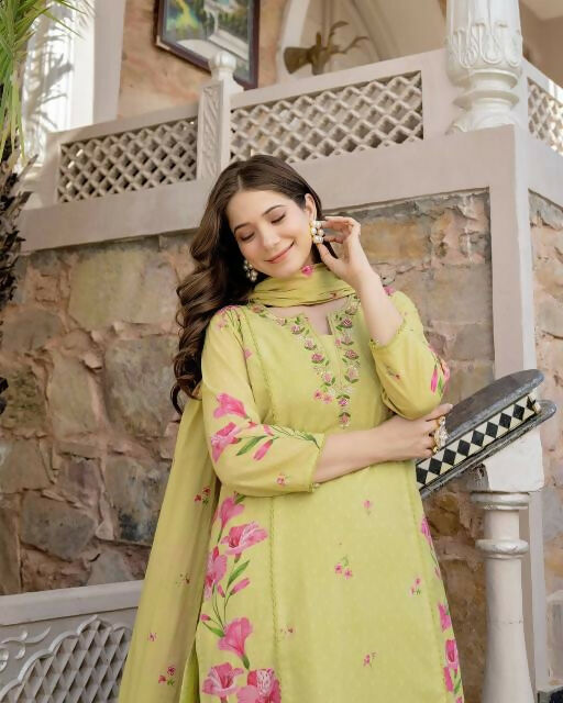 The52 Lemons Women's Beautiful Chanderi Fabric Printed Work Straight Kurta Pant and Dupatta Set - Swadesiicart
