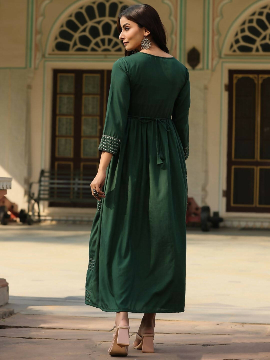 Juniper Women's Green Festive Embroiderd Flared Dress | Swadesiicart