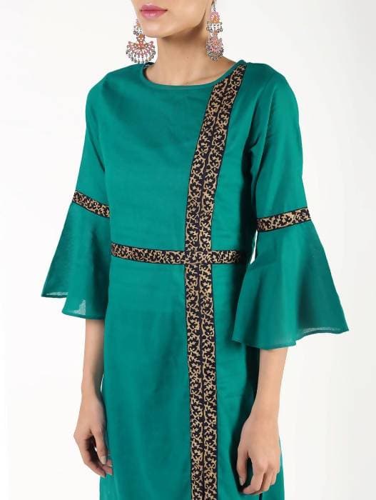 Aniyah Cotton Bell Sleeve Solid Straight Kurta In Turquoise Color (AN-147K) - Swadesiicart
