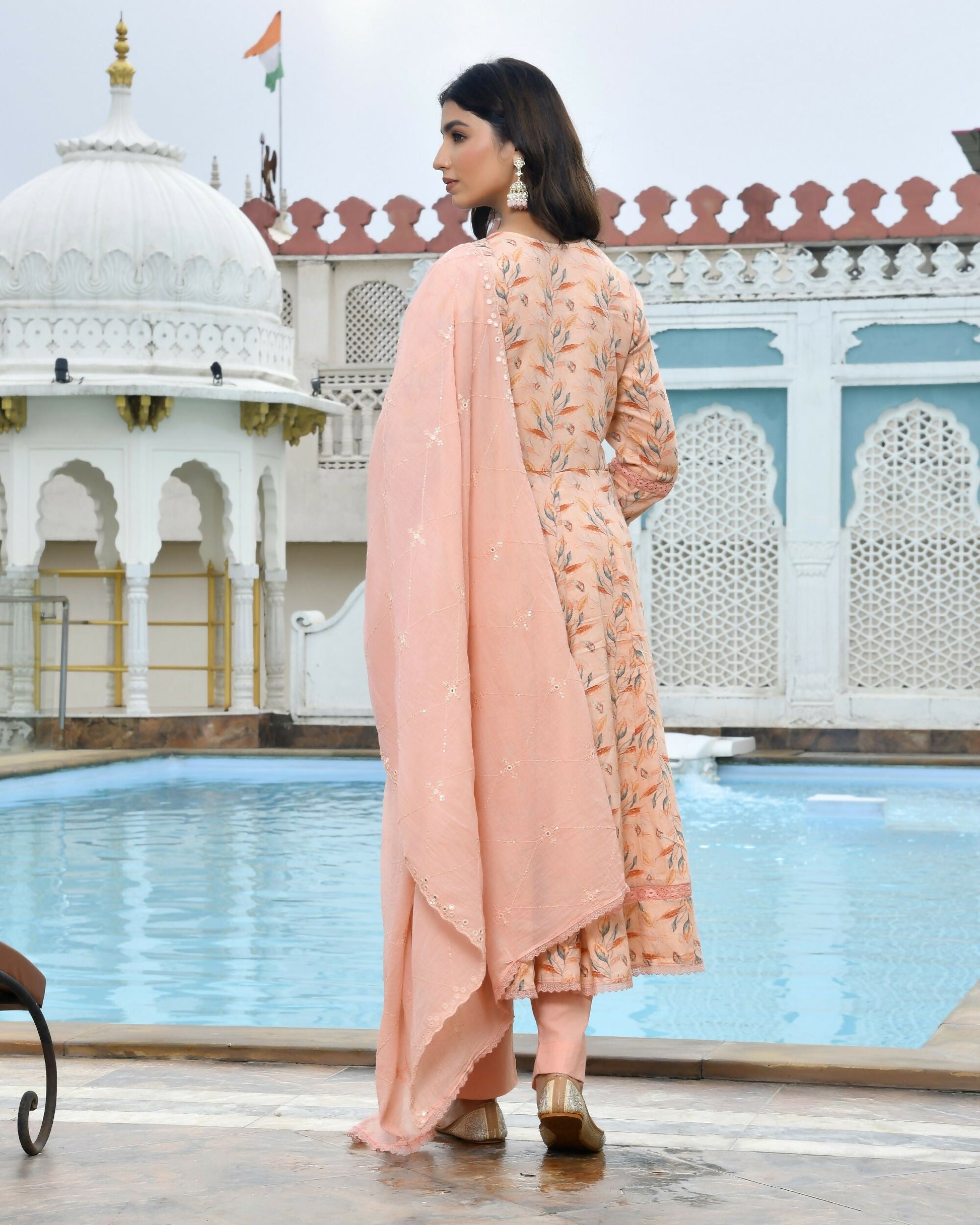 Vaasva Women's Peach Cotton Anarkali Set With Solid Pant And Embroidered Dupatta | Swadesiicart
