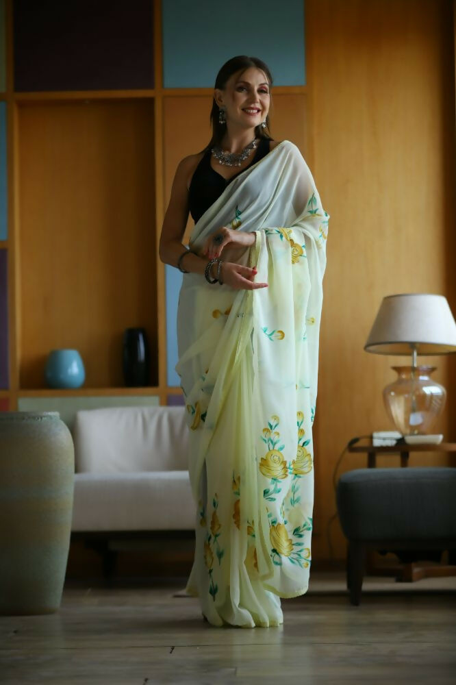 Vamsee Laxmi Yellow Georgette Saree - Swadesiicart