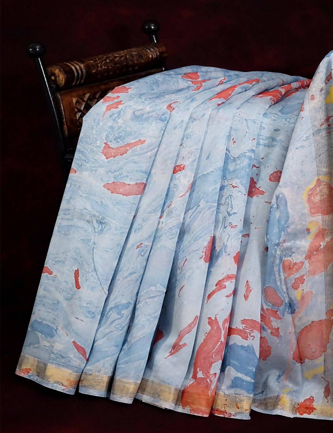 Shades Of Cloud Blue And Rust Printed Chanderi Saree For Regular/Office Wear By Gayathri Reddy Designer Studio | Swadesiicart
