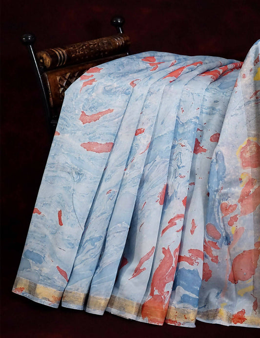 Shades Of Cloud Blue And Rust Printed Chanderi Saree For Regular/Office Wear By Gayathri Reddy Designer Studio | Swadesiicart