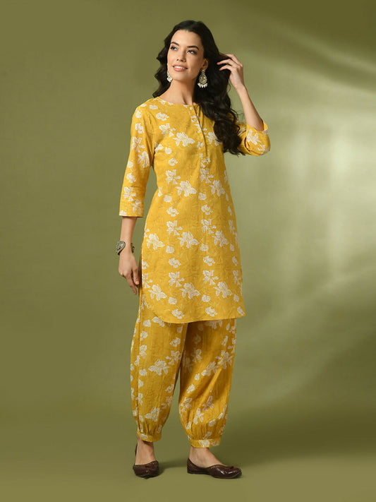 Myshka Women's Yellow Printed Cotton Round Neck Party Tunic With Trousers Co-ord set - Swadesiicart