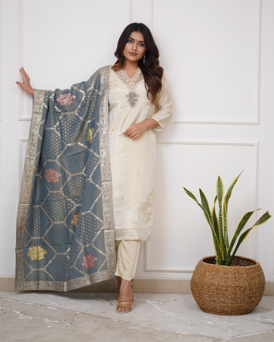 Lorenvalley Offwhite Viscose Chanderi Embroidered Multi Sequence work Kurta Set - Swadesiicart