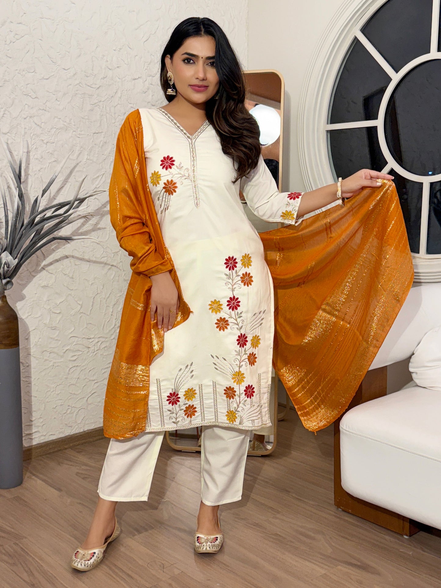 Lorenvalley Cream Cotton Silk Embroidered work Kurta Set - Swadesiicart