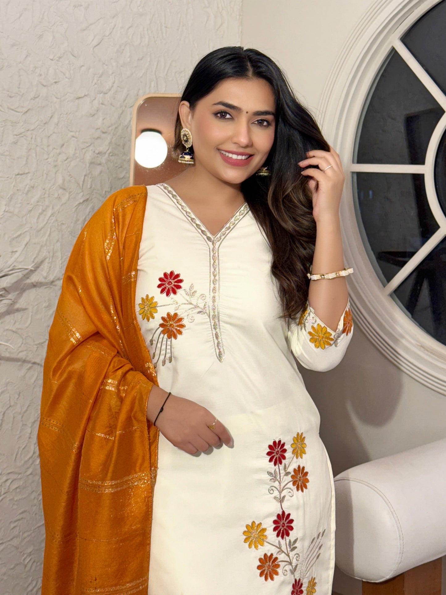 Lorenvalley Cream Cotton Silk Embroidered work Kurta Set - Swadesiicart