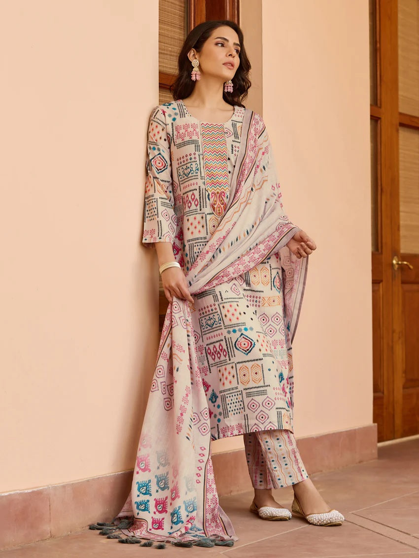 Lorenvalley Cream Cotton Blend Printed Kurta Set - Swadesiicart