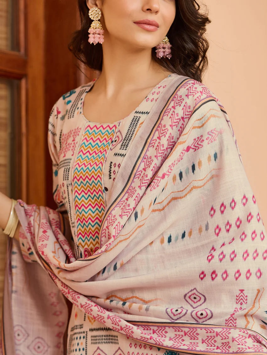 Lorenvalley Cream Cotton Blend Printed Kurta Set - Swadesiicart