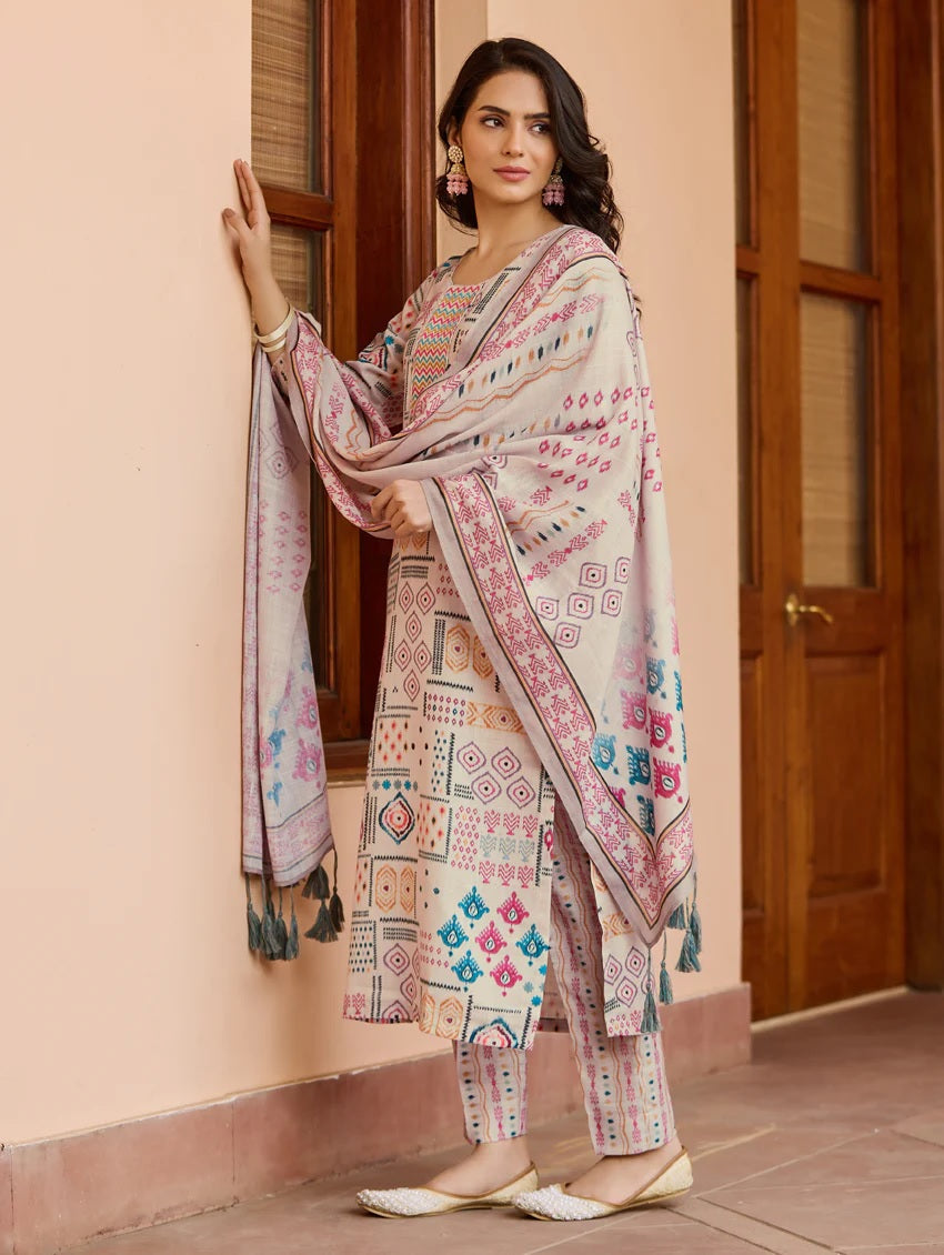Lorenvalley Cream Cotton Blend Printed Kurta Set - Swadesiicart