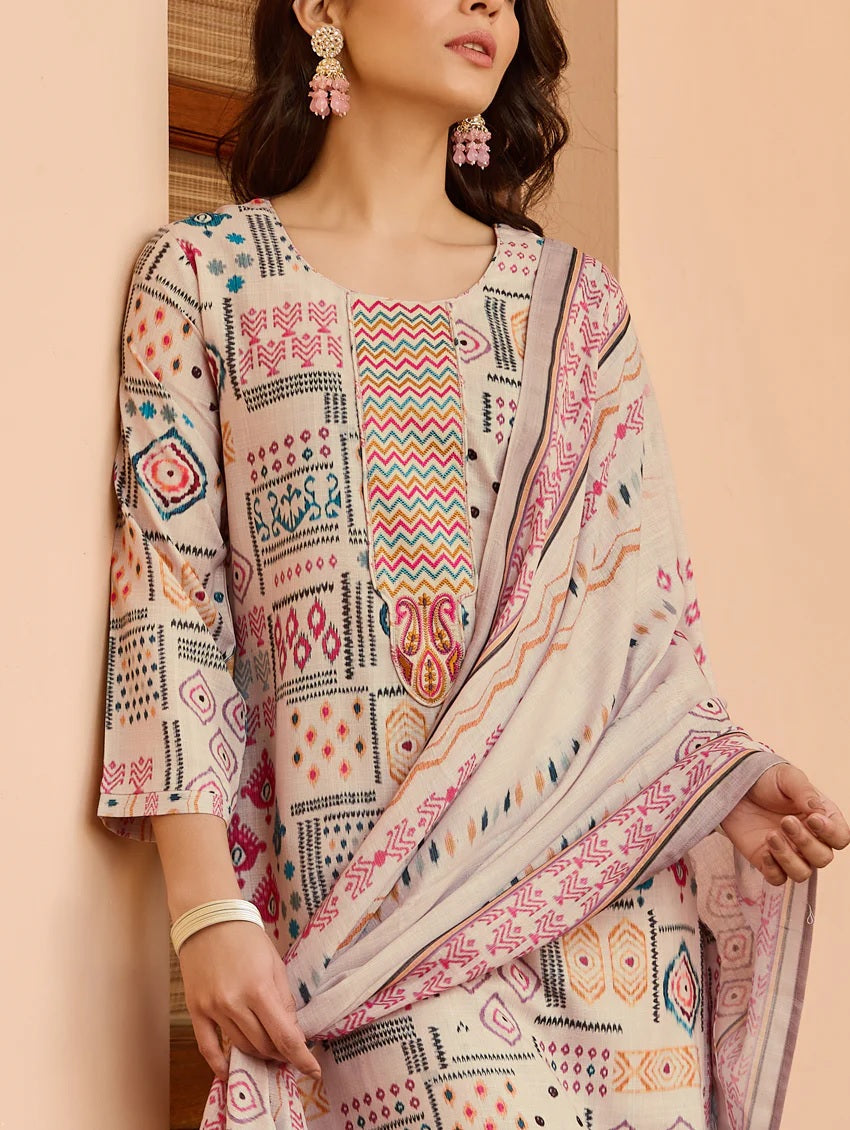 Lorenvalley Cream Cotton Blend Printed Kurta Set - Swadesiicart