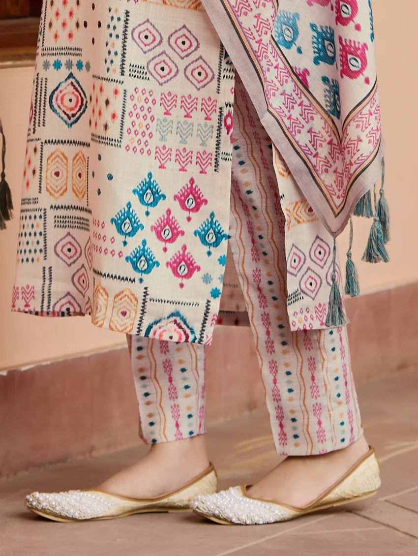 Lorenvalley Cream Cotton Blend Printed Kurta Set - Swadesiicart