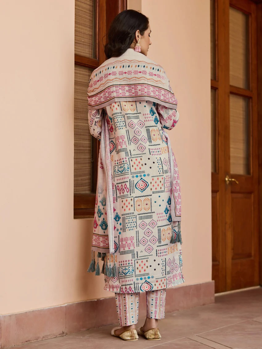 Lorenvalley Cream Cotton Blend Printed Kurta Set - Swadesiicart