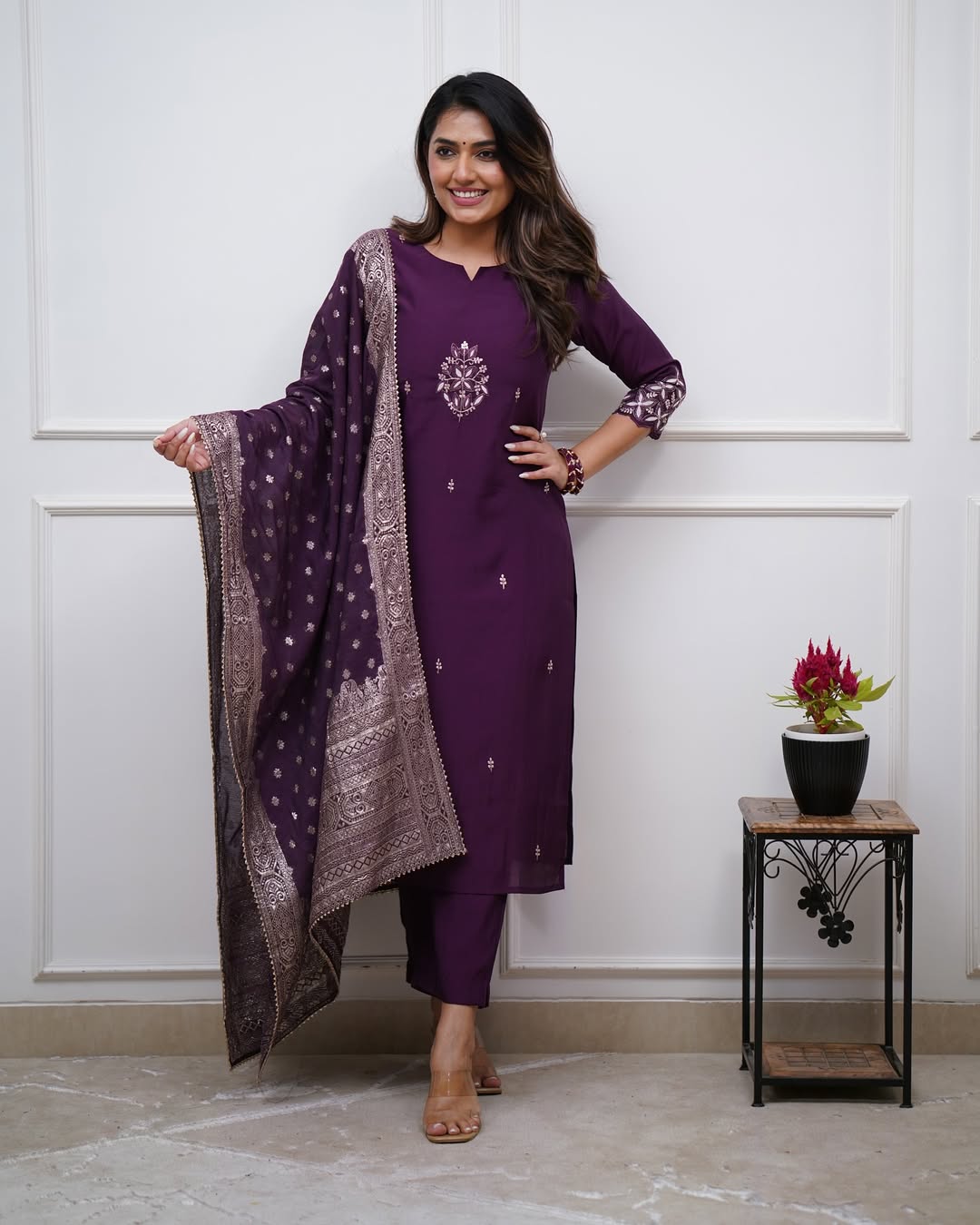 Lorenvalley Purple PV Chanderi Embroidered work Kurta Set - Swadesiicart