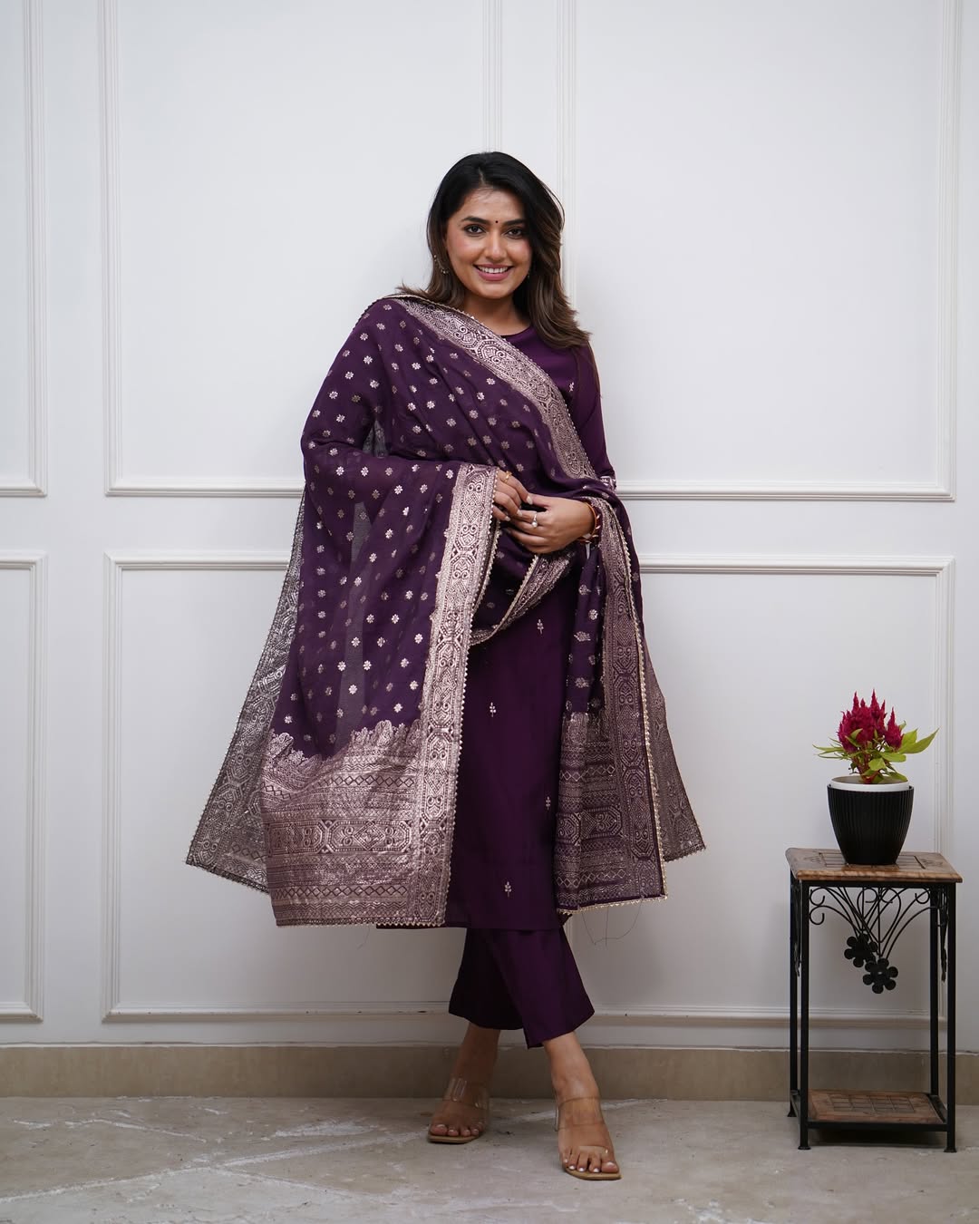 Lorenvalley Purple PV Chanderi Embroidered work Kurta Set - Swadesiicart