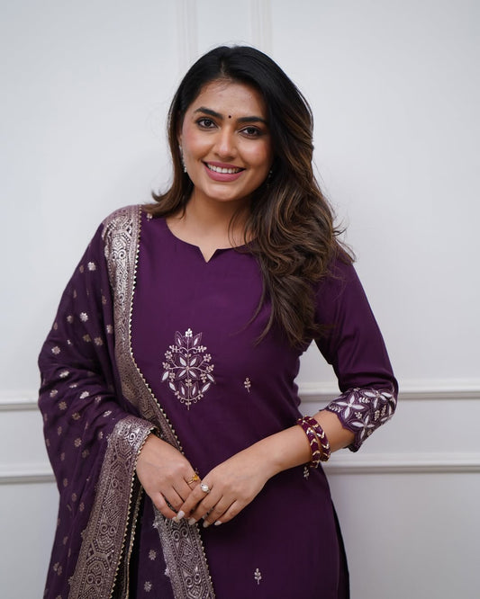 Lorenvalley Purple PV Chanderi Embroidered work Kurta Set - Swadesiicart