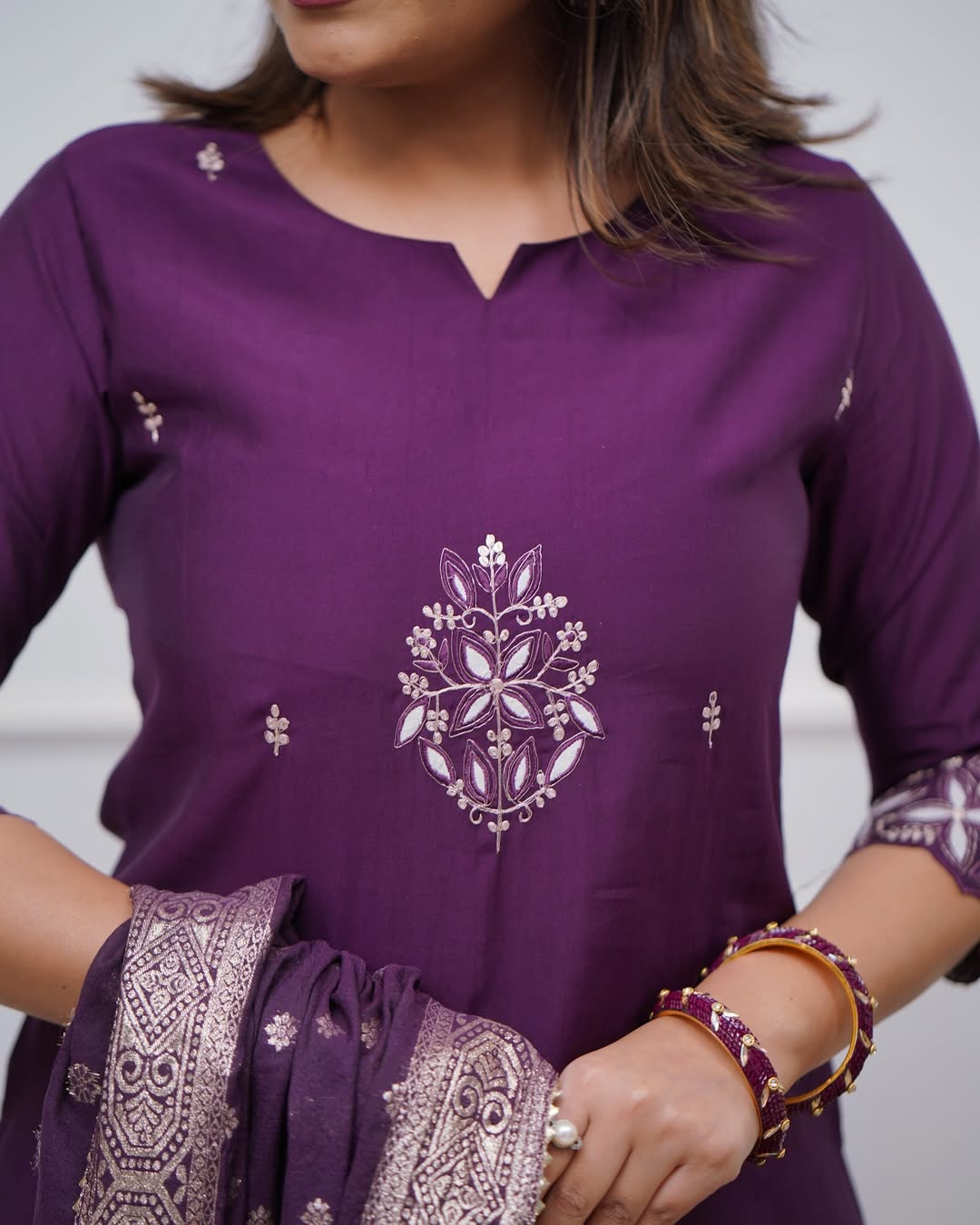 Lorenvalley Purple PV Chanderi Embroidered work Kurta Set - Swadesiicart