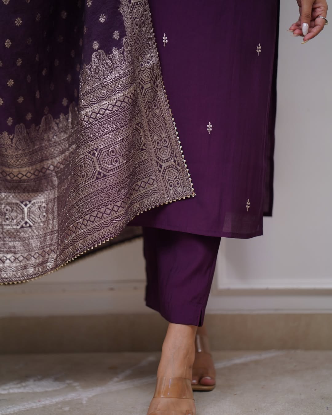 Lorenvalley Purple PV Chanderi Embroidered work Kurta Set - Swadesiicart