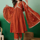 Lorenvalley Rust Muslin Silk Embroidered work Kurta Set - Swadesiicart
