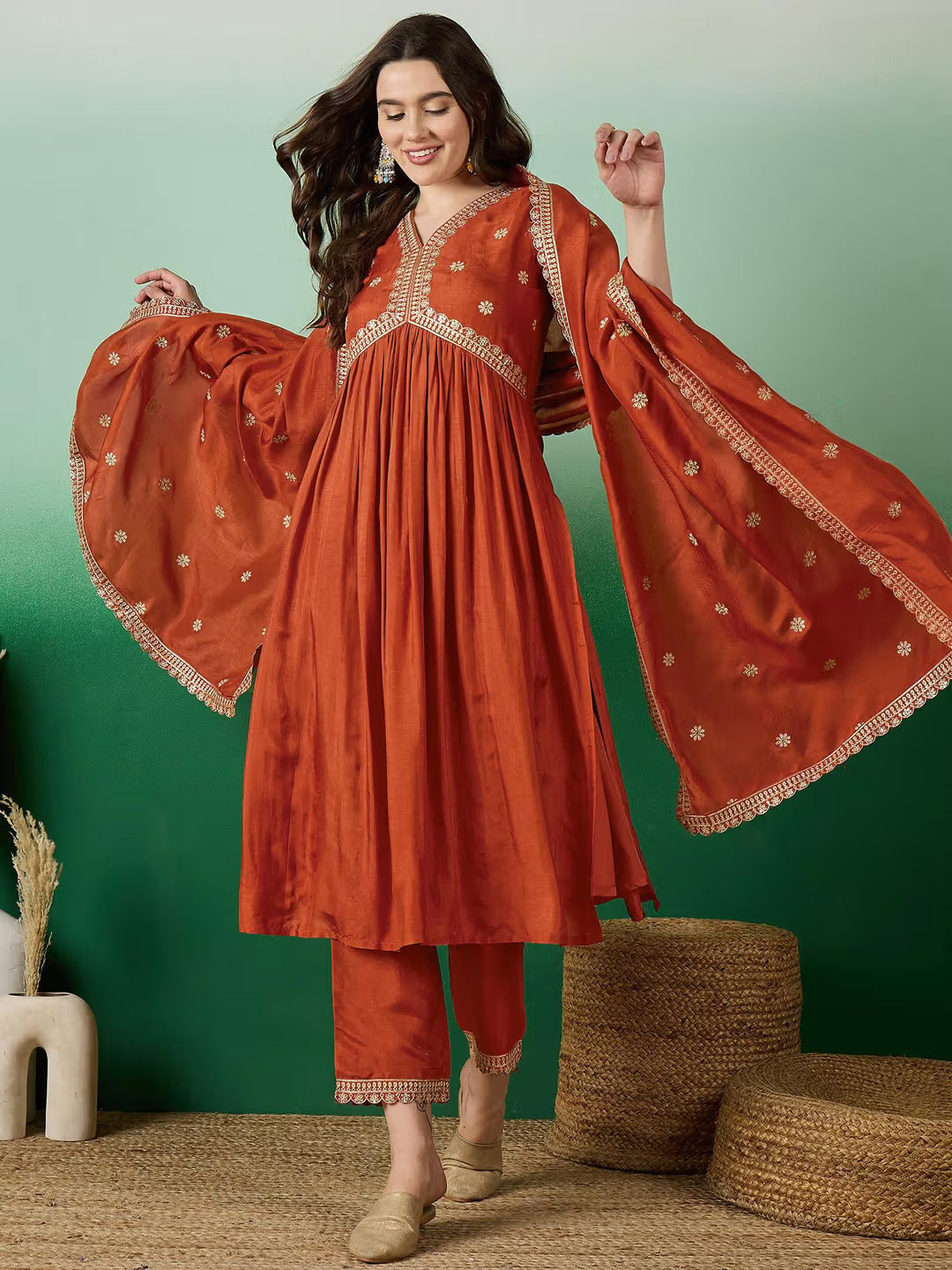 Lorenvalley Rust Muslin Silk Embroidered work Kurta Set - Swadesiicart