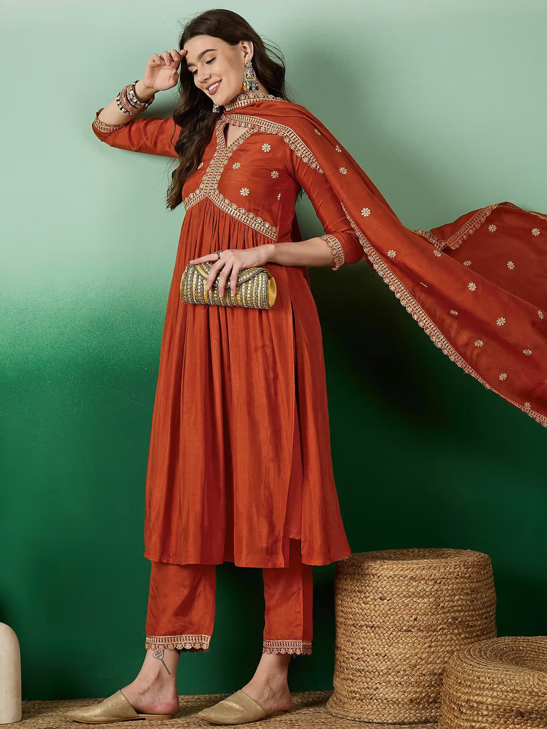 Lorenvalley Rust Muslin Silk Embroidered work Kurta Set - Swadesiicart