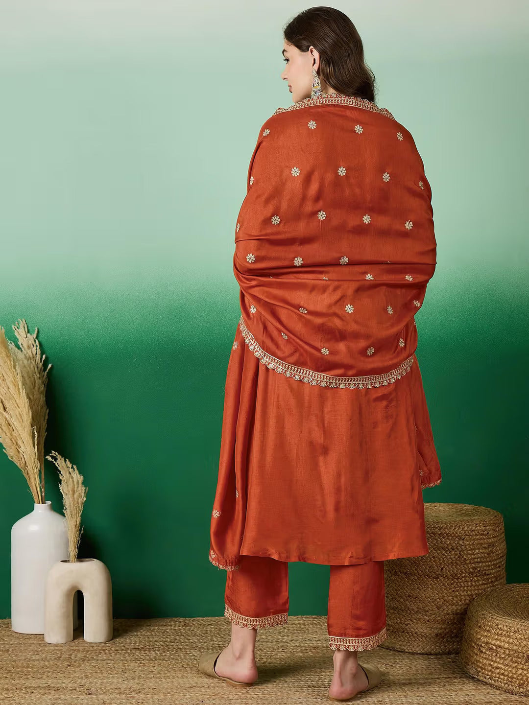 Lorenvalley Rust Muslin Silk Embroidered work Kurta Set - Swadesiicart