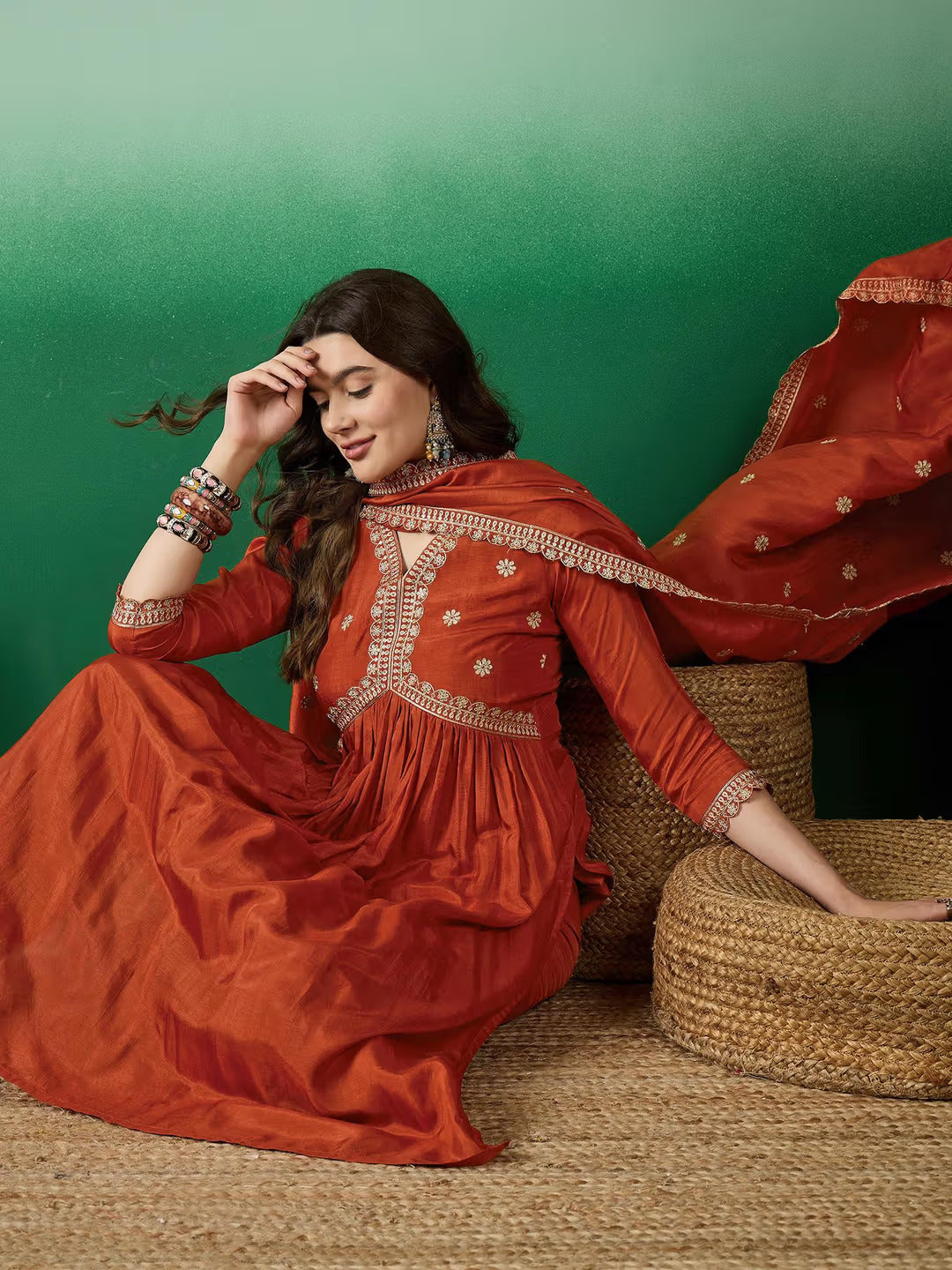 Lorenvalley Rust Muslin Silk Embroidered work Kurta Set - Swadesiicart