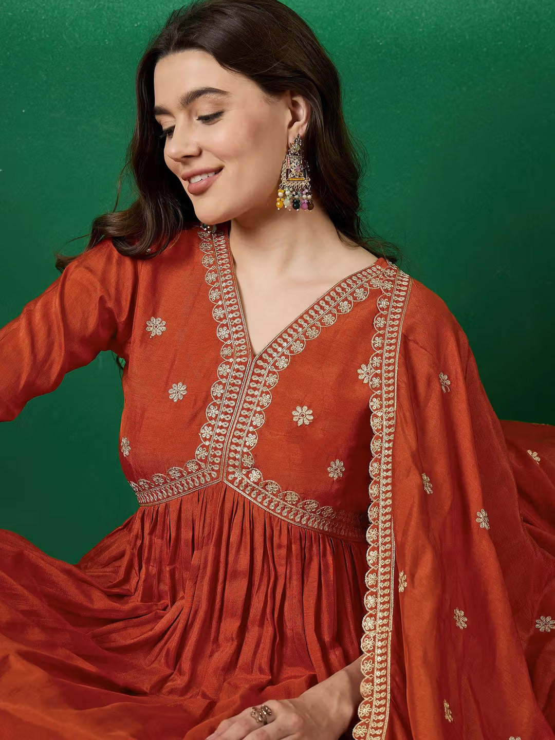 Lorenvalley Rust Muslin Silk Embroidered work Kurta Set - Swadesiicart