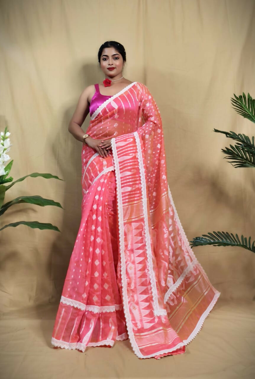 Exclusive Collection Beautiful Peach Jaal Jamdani Saree - Swadesiicart
