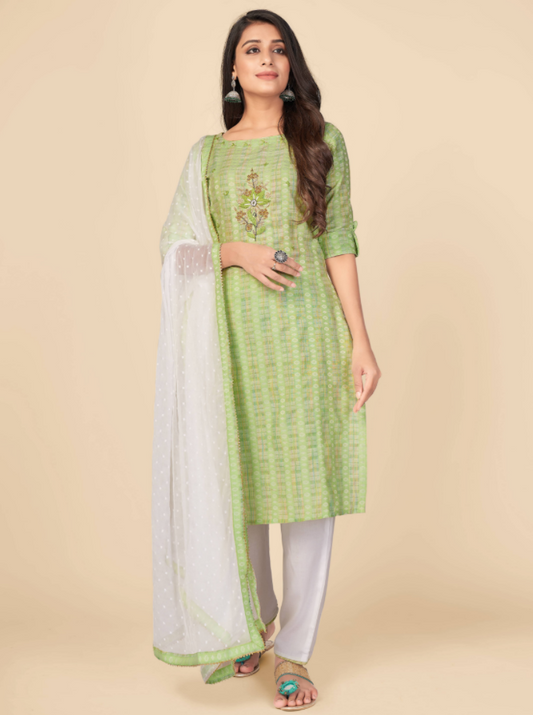 NOZ2TOZ Women's Printed & Hand Work Straight Cotton Parrot Green Kurta Pant With Dupatta (3Pcs Set) - Swadesiicart