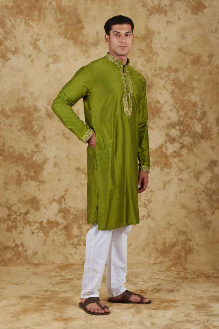 Bluesaanchi Men's Sunshine Handwoven Embroidered Apple Green Kurta Set | Swadesiicart
