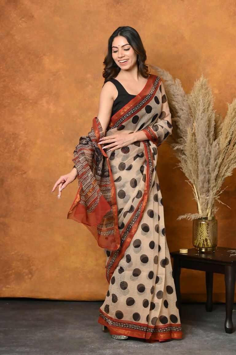 Very Much Indian Handblock Printed Cotton Saree With Natural Dyes - White | Swadesiicart