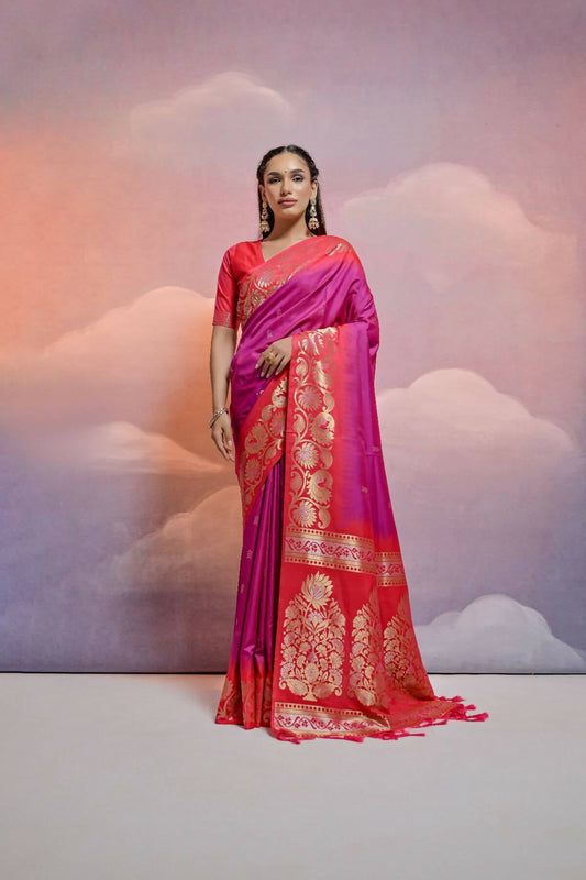 Vishnu Weaves Women's Wine Soft Silk Zari Woven Saree with Blouse - Swadesiicart