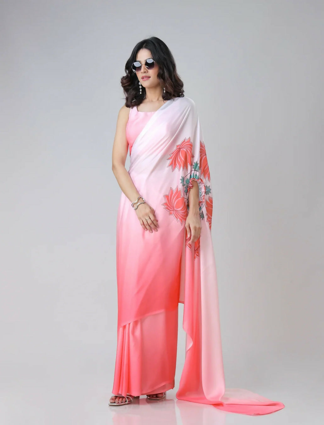 Vastranavya Blush Pink Freehand Floral Print Ready to Wear Saree | Swadesiicart