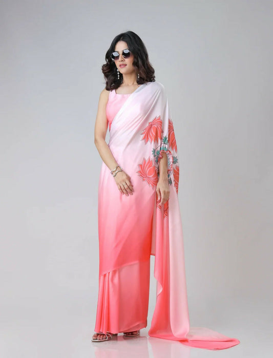 Vastranavya Blush Pink Freehand Floral Print Ready to Wear Saree | Swadesiicart