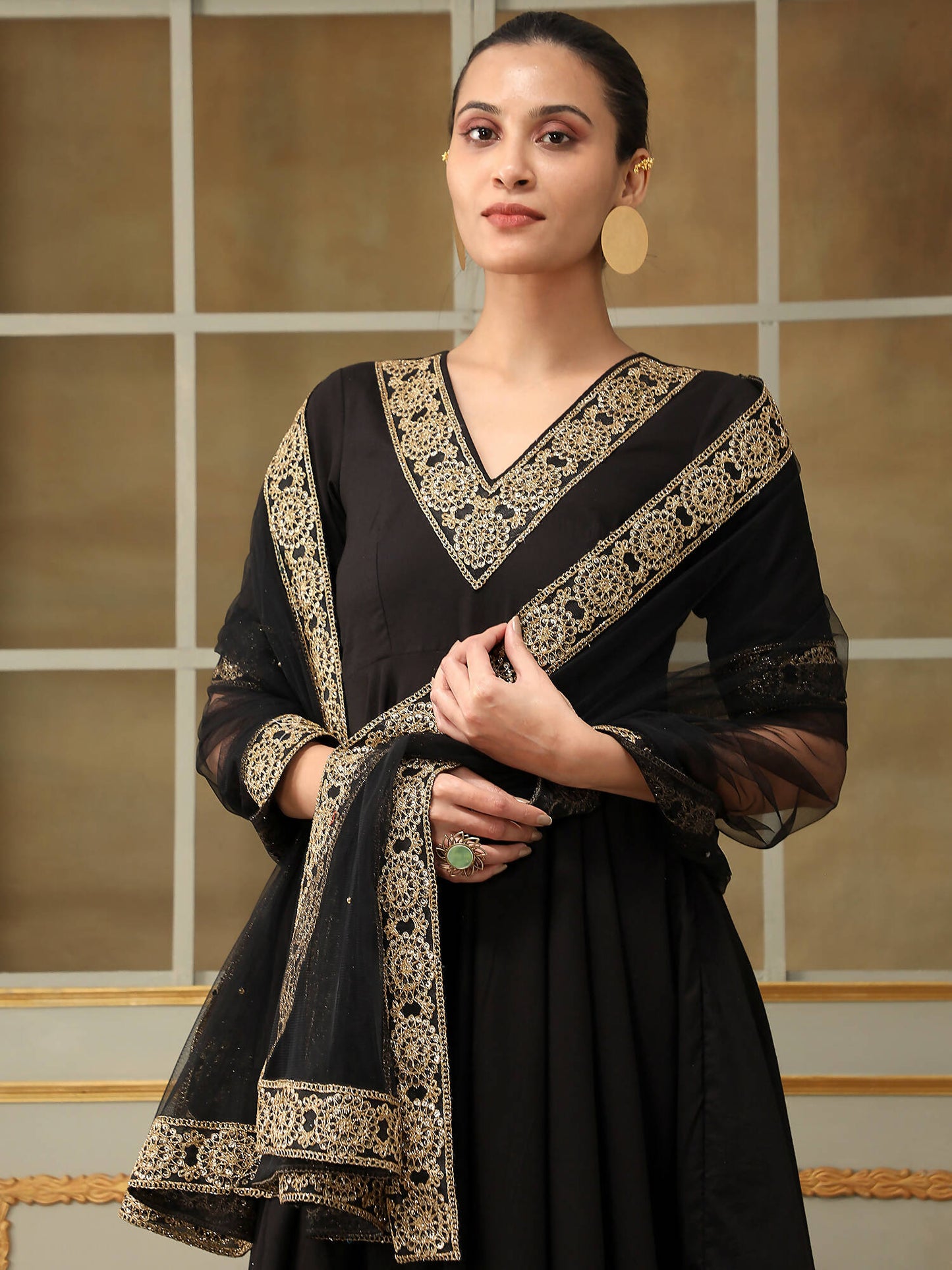 Pomcha Jaipur Black Saadgi Sunheri Lace Black Anarkali Set | Swadesiicart