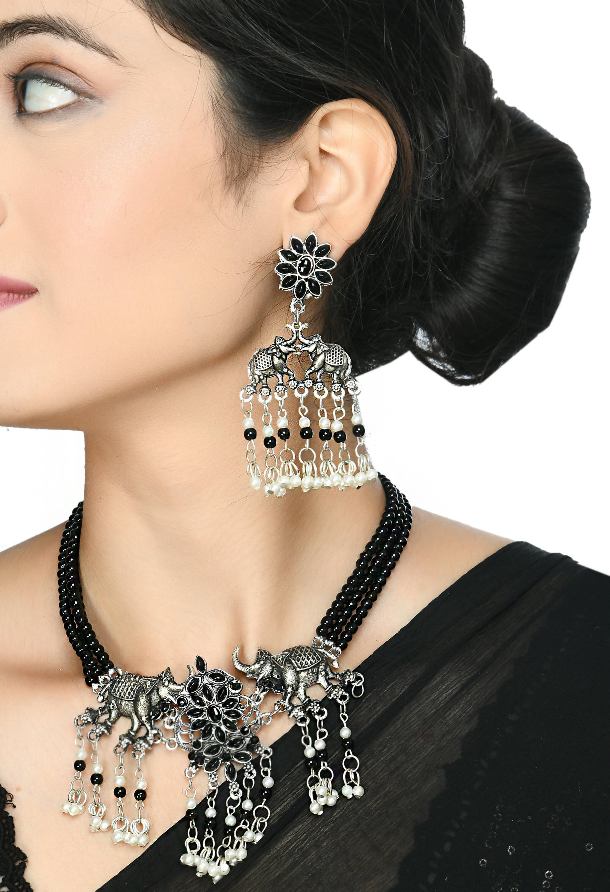 Mominos Fashion Johar Kamal Silver-Plated Brass Finish Elephant Desgin Choker For Women (Black) | Swadesiicart