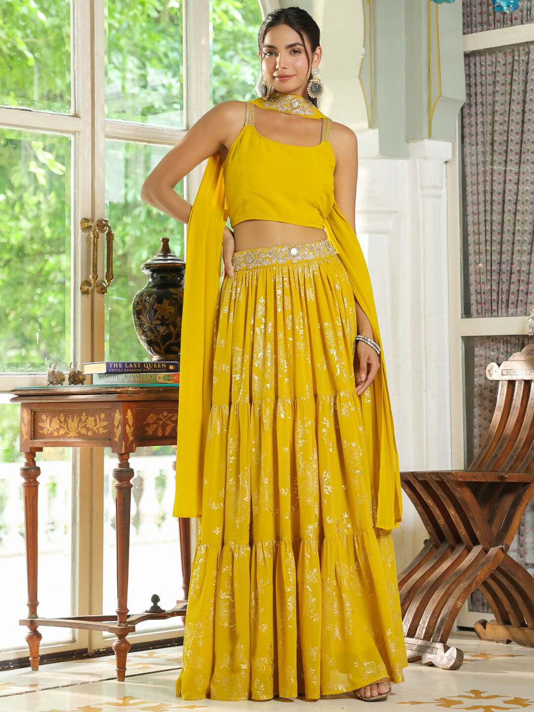 Janasya Yellow Georgette Solid Lehenga Choli Dupatta | Swadesiicart
