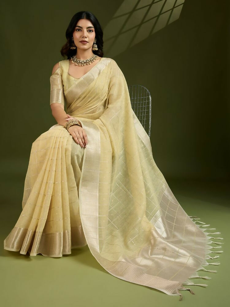 Vishnu Weaves Women's Yellow Soft Silk Zari Woven Saree with Blouse - Swadesiicart