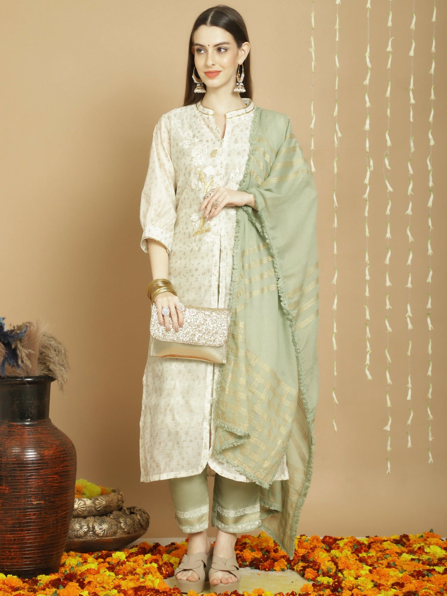 Jyoti Fashion Women's Off White Chanderi Silk Elegant Jardoshi Kurta with Trouser & Dupatta | Swadesiicart