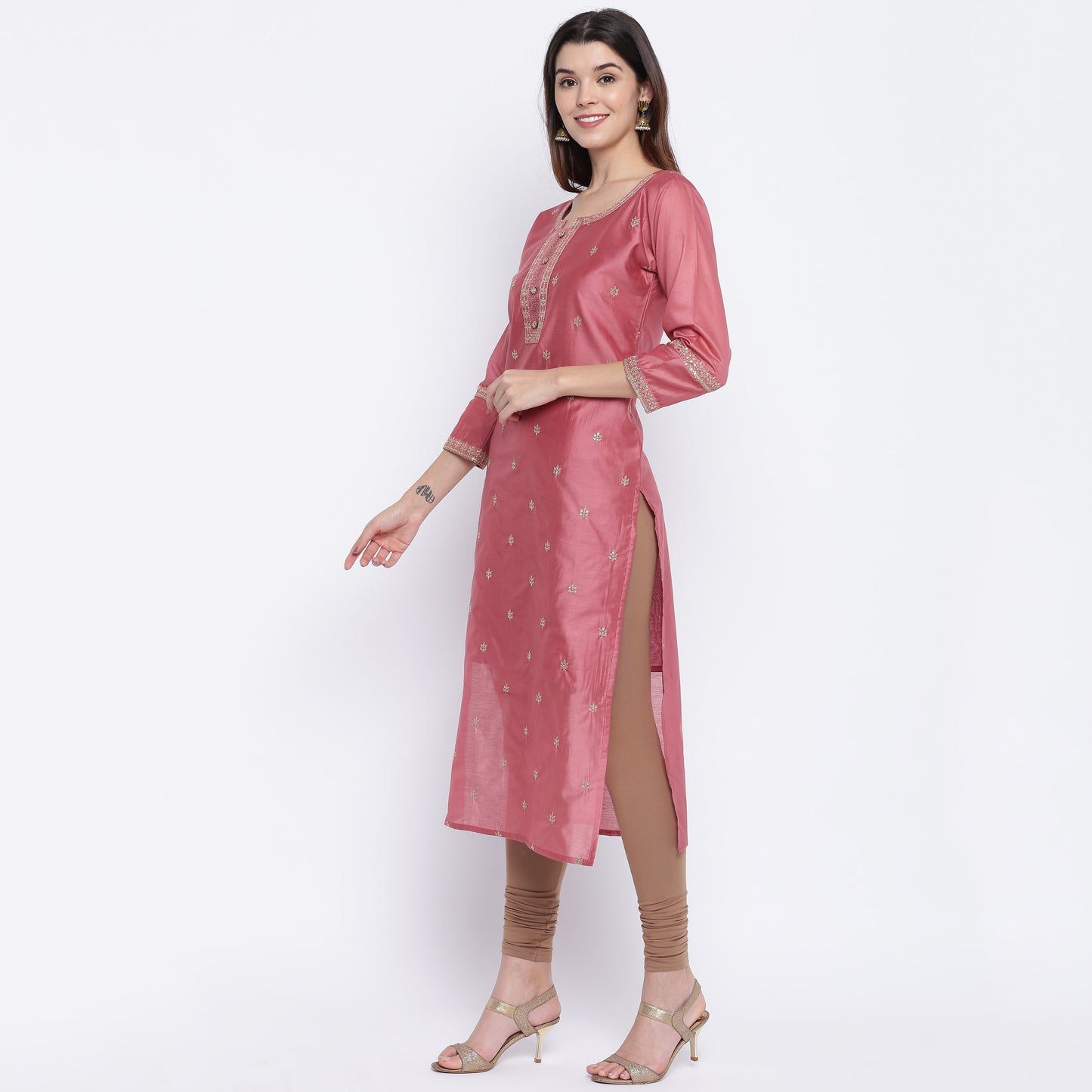 NOZ2TOZ Women's Sequence Work/Hand Work Straight Chanderi Dark Peach Kurta Only - Noz2Toz