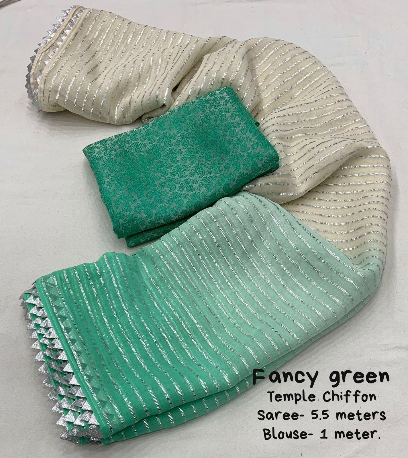 Green Poly Chiffon Striped Saree with Unstitched Blouse - Hiral Fashion | Swadesiicart