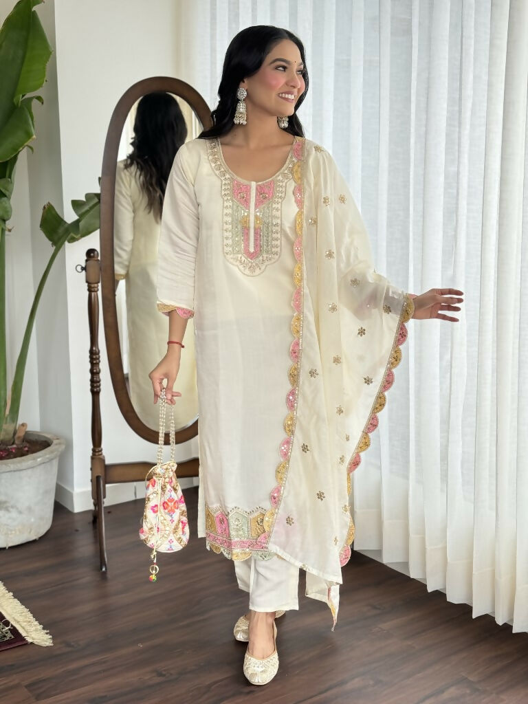 Cream Viscose chanderi Stitched Suit With Dupatta - Tanisha | Swadesiicart