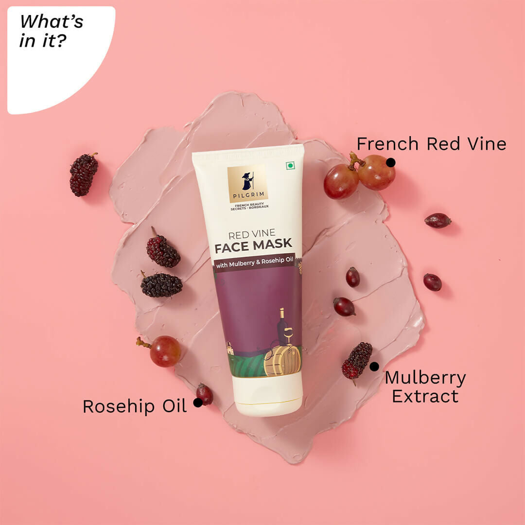 Pilgrim Anti Ageing Red Vine Face Mask with Mulberry Extracts & Rosehip Oil For Glowing Skin, De-Tan, Dark Spots, Blackheads Removal - Swadesiicart
