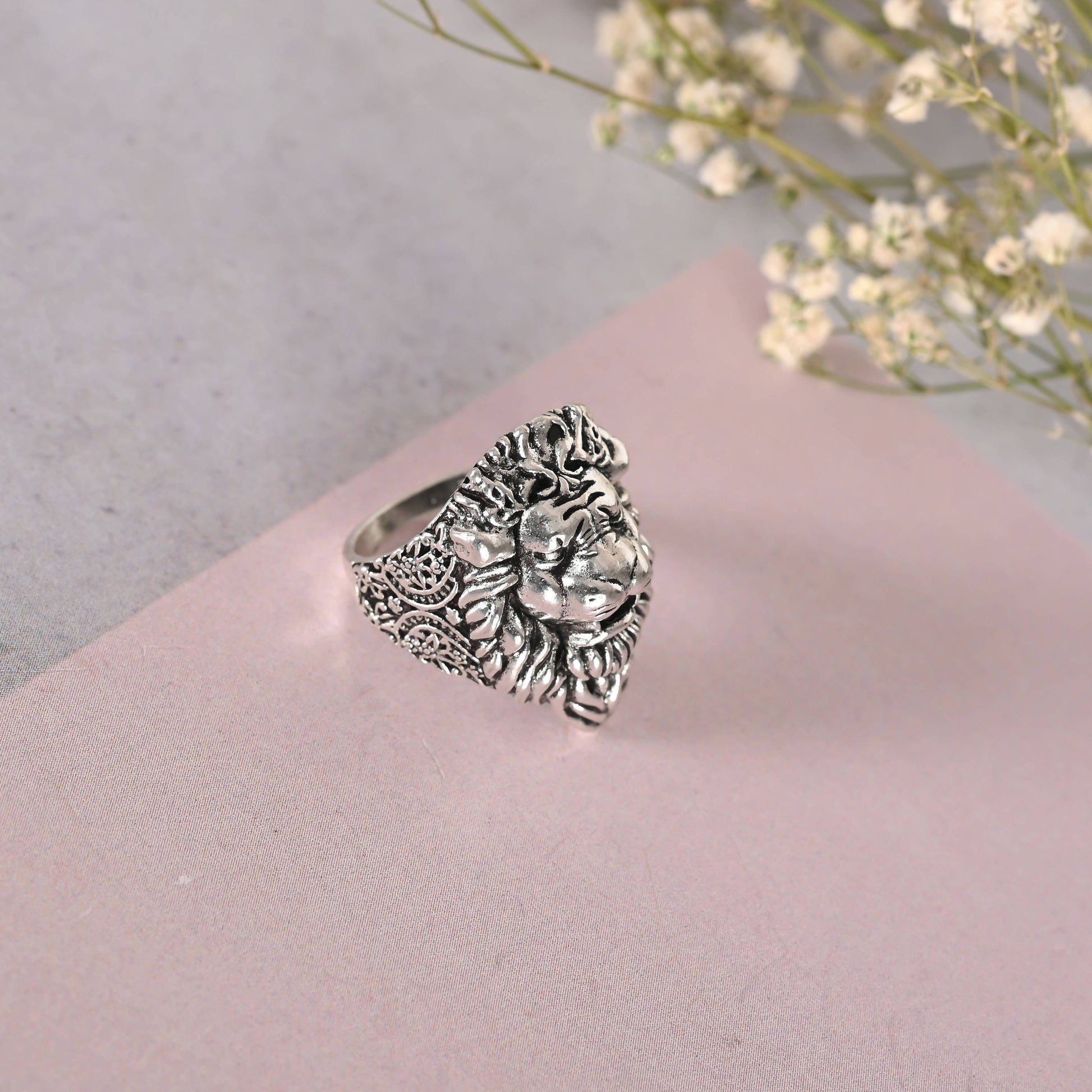 NVR Men Silver-Plated Lion Face Finger Ring | Swadesiicart