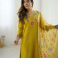 The52 Yellow Women's Gorgeous Embroidered work Viscose Gadhwal Fabric Straight Kurta, Pant and Dupatta Set - Swadesiicart