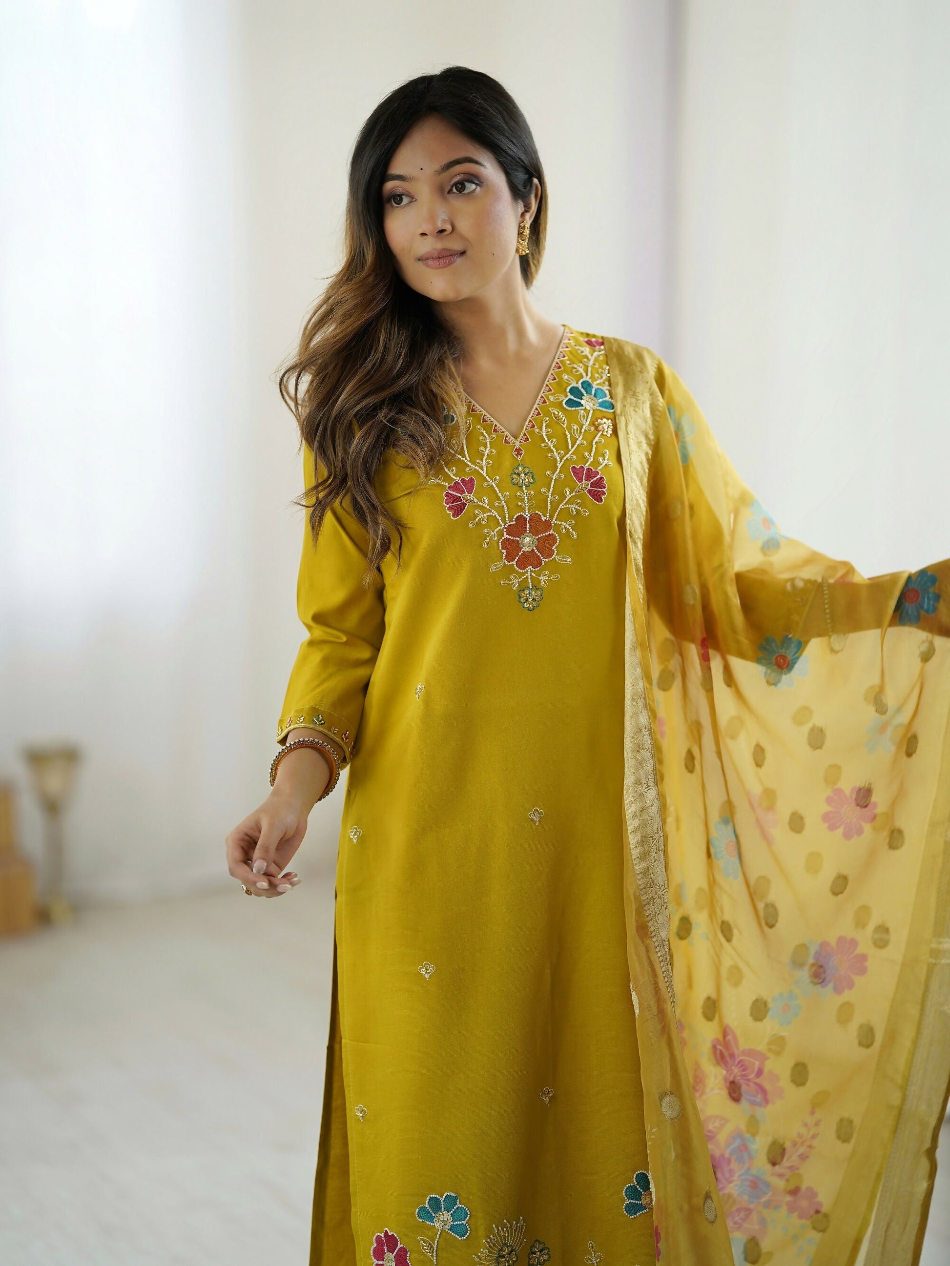The52 Yellow Women's Gorgeous Embroidered work Viscose Gadhwal Fabric Straight Kurta, Pant and Dupatta Set - Swadesiicart