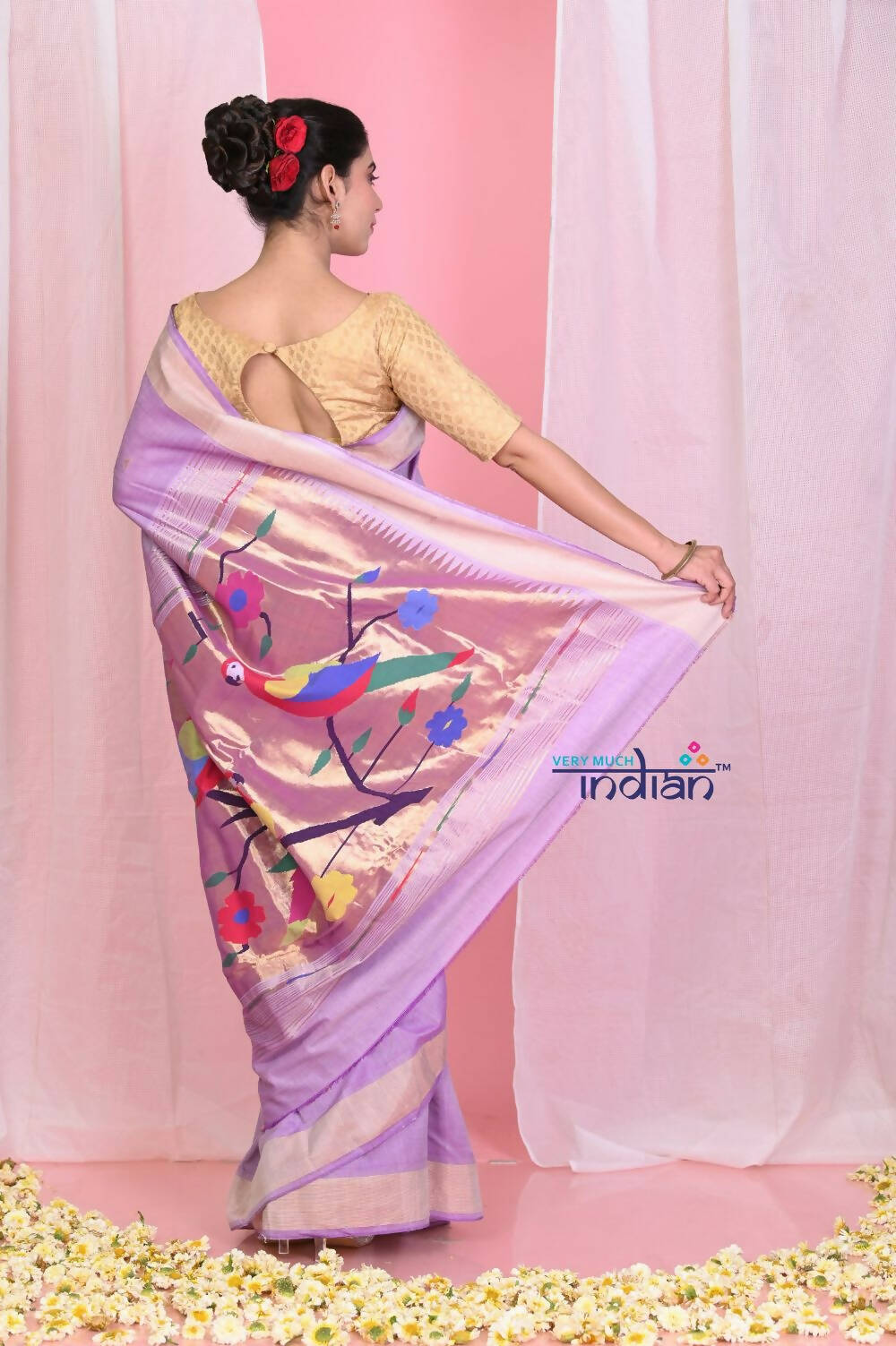 Very Much Indian Handloom Pure Cotton Paithani With Handwoven Pallu -Lilac | Swadesiicart